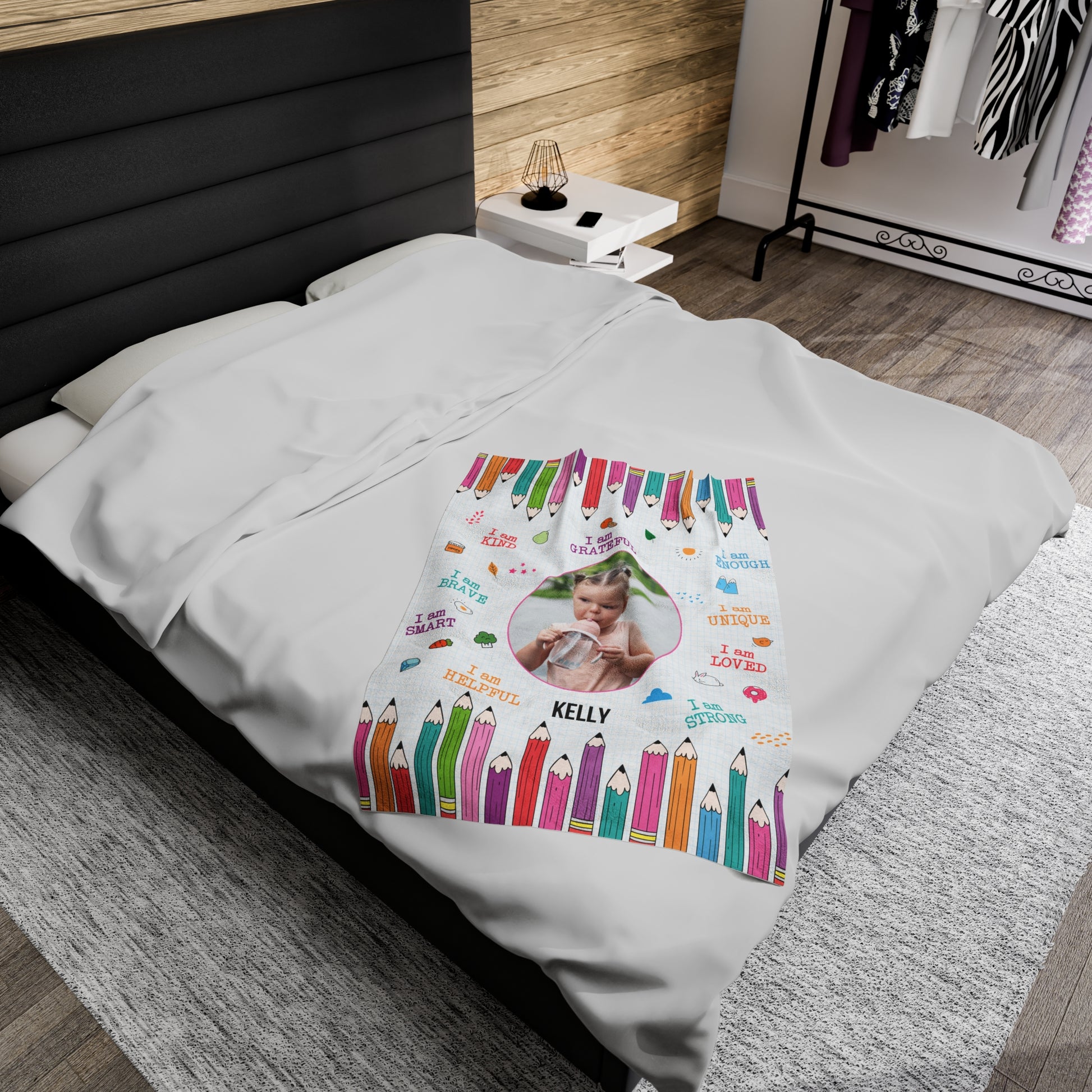 Personalized Toddler Photo Velveteen Blanket with Affirmations
