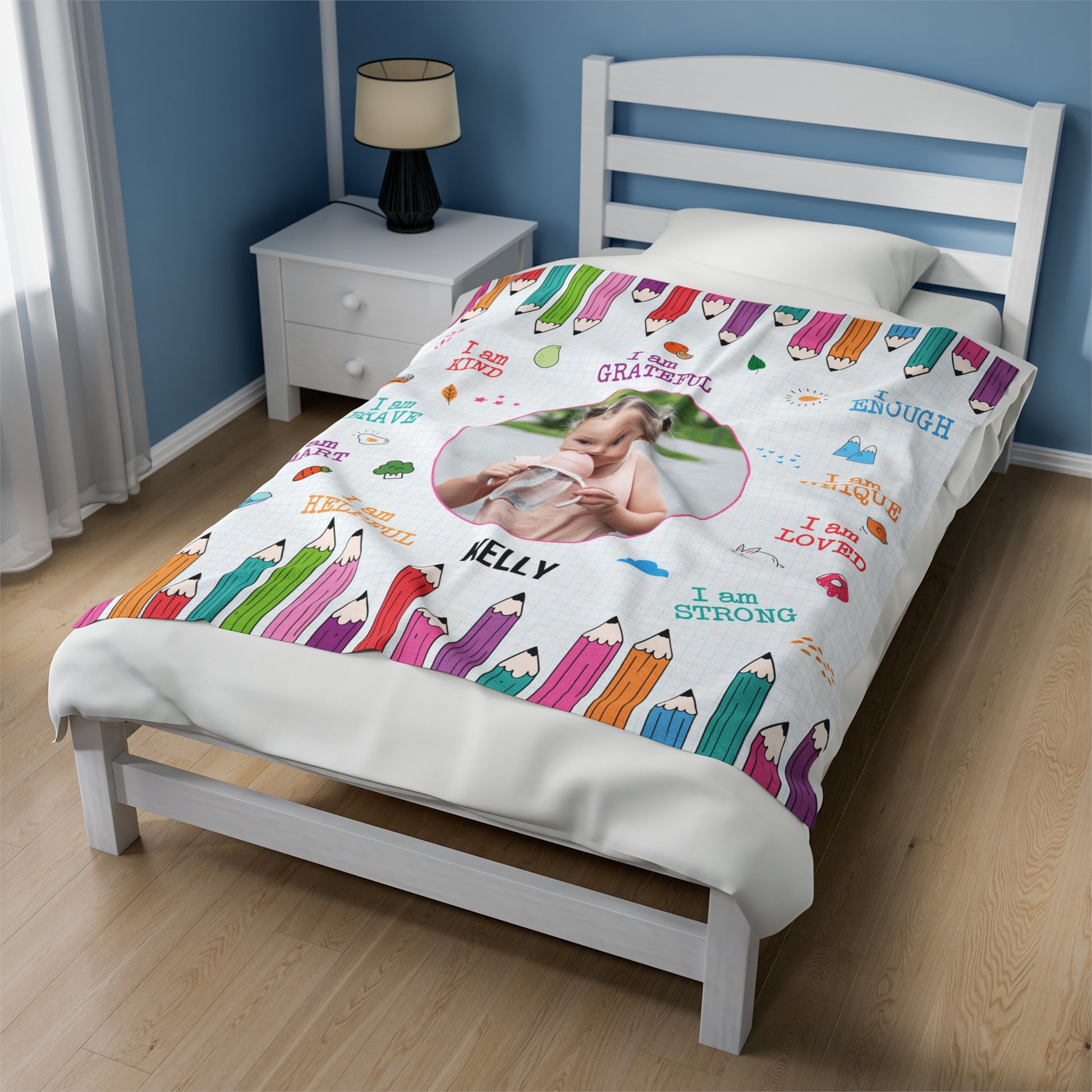 Personalized Toddler Photo Velveteen Blanket with Affirmations