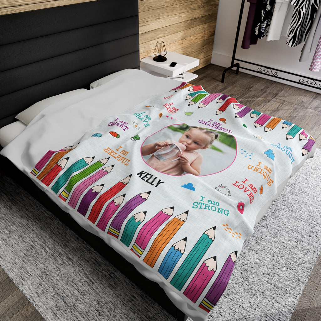 Personalized Toddler Photo Velveteen Blanket with Affirmations