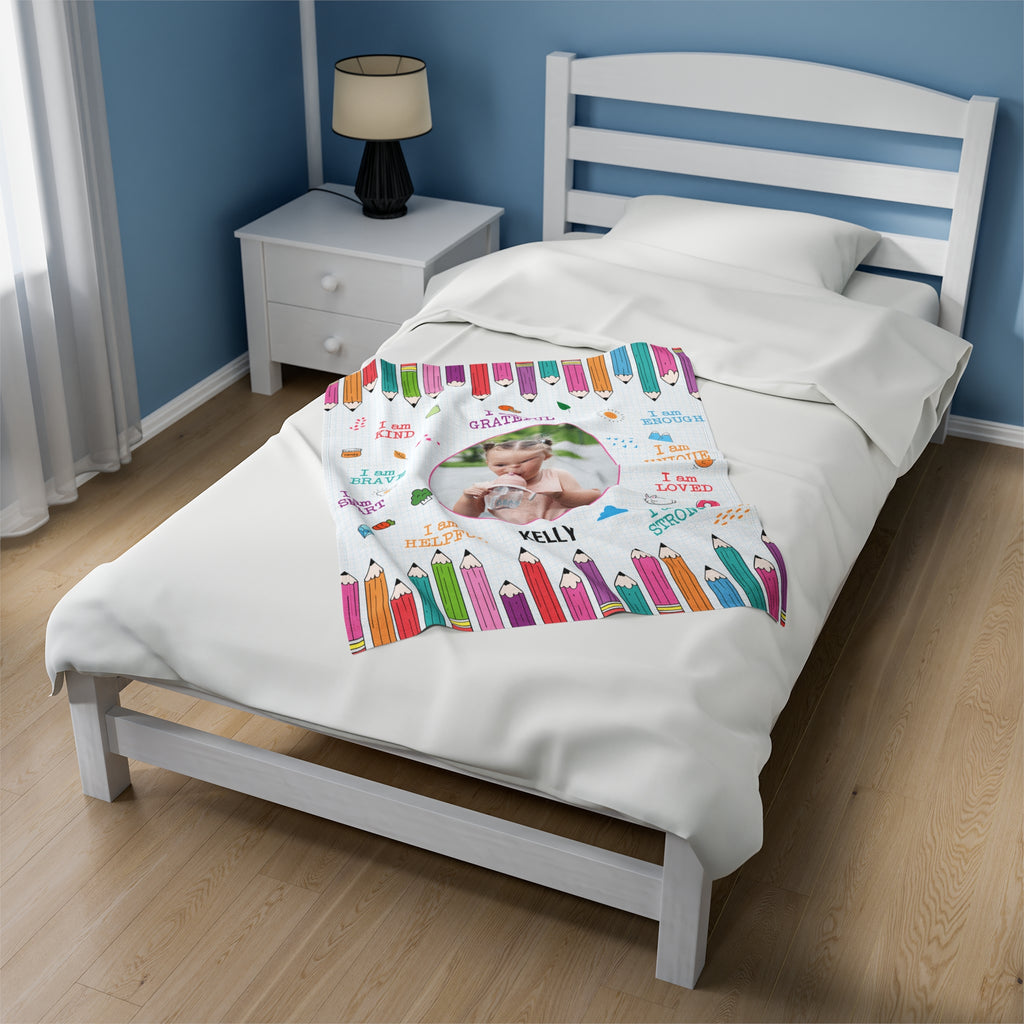Personalized Toddler Photo Velveteen Blanket with Affirmations