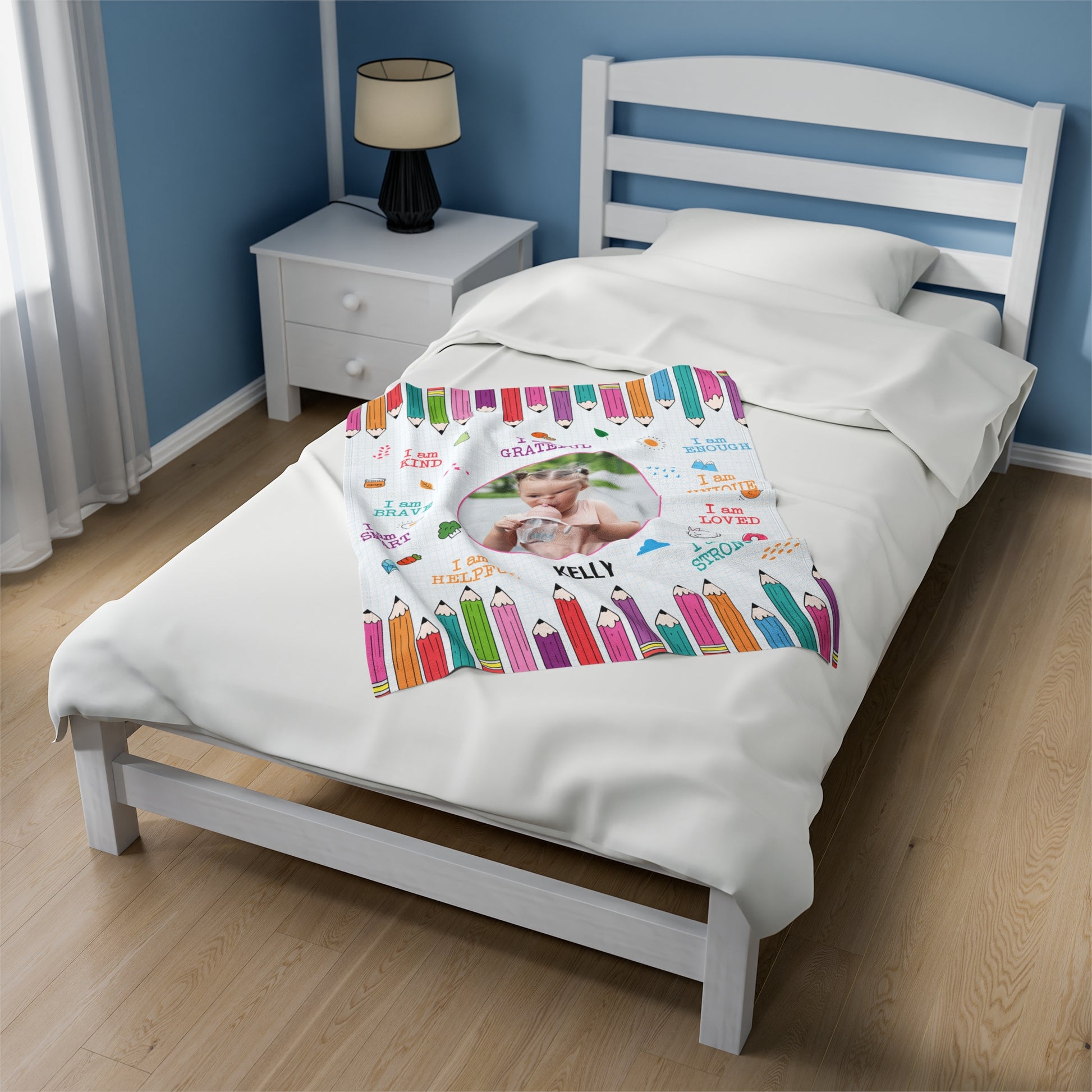Personalized Toddler Photo Velveteen Blanket with Affirmations
