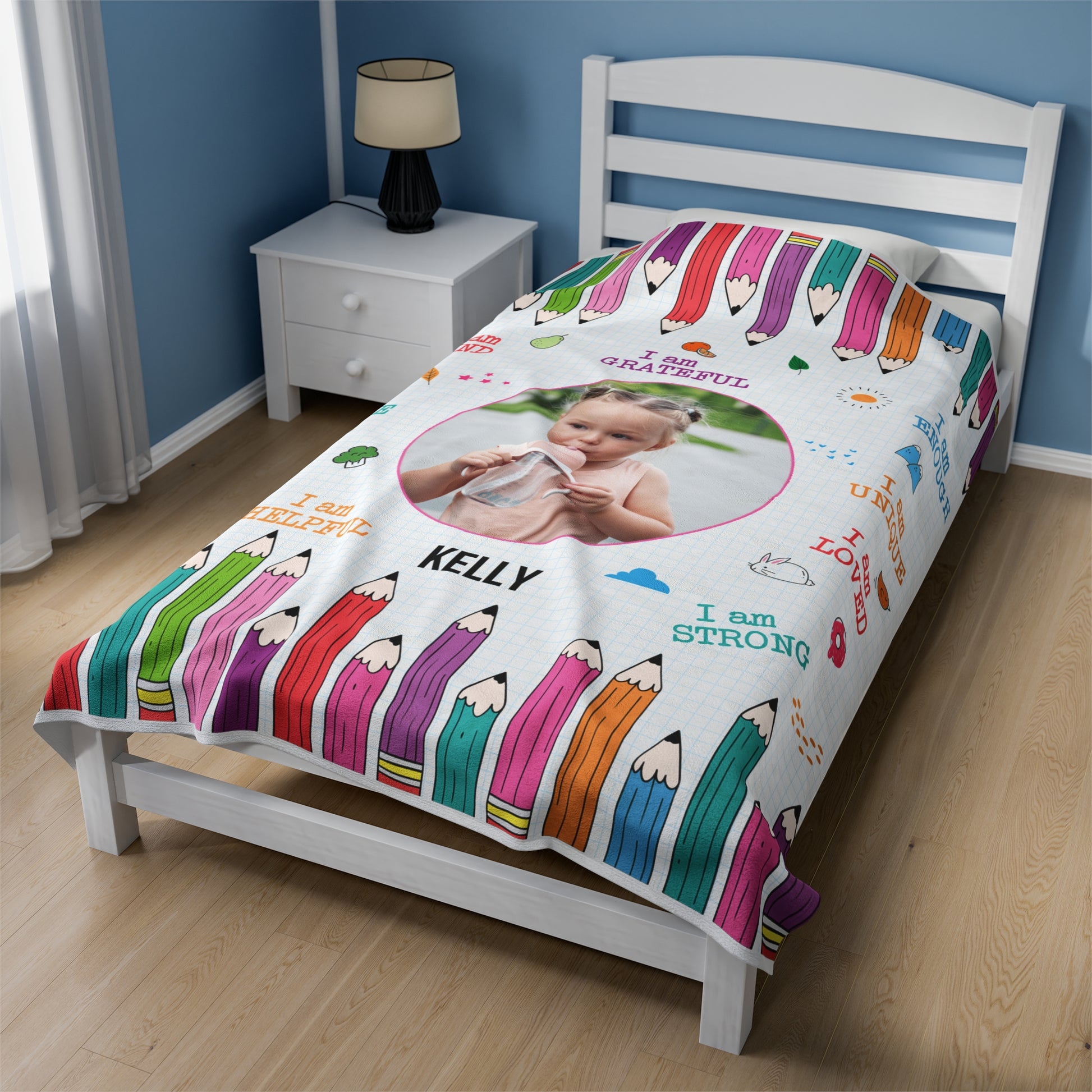 Personalized Toddler Photo Velveteen Blanket with Affirmations