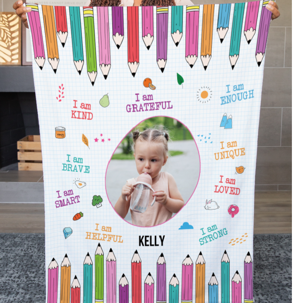 Personalized Toddler Photo Velveteen Blanket with Affirmations