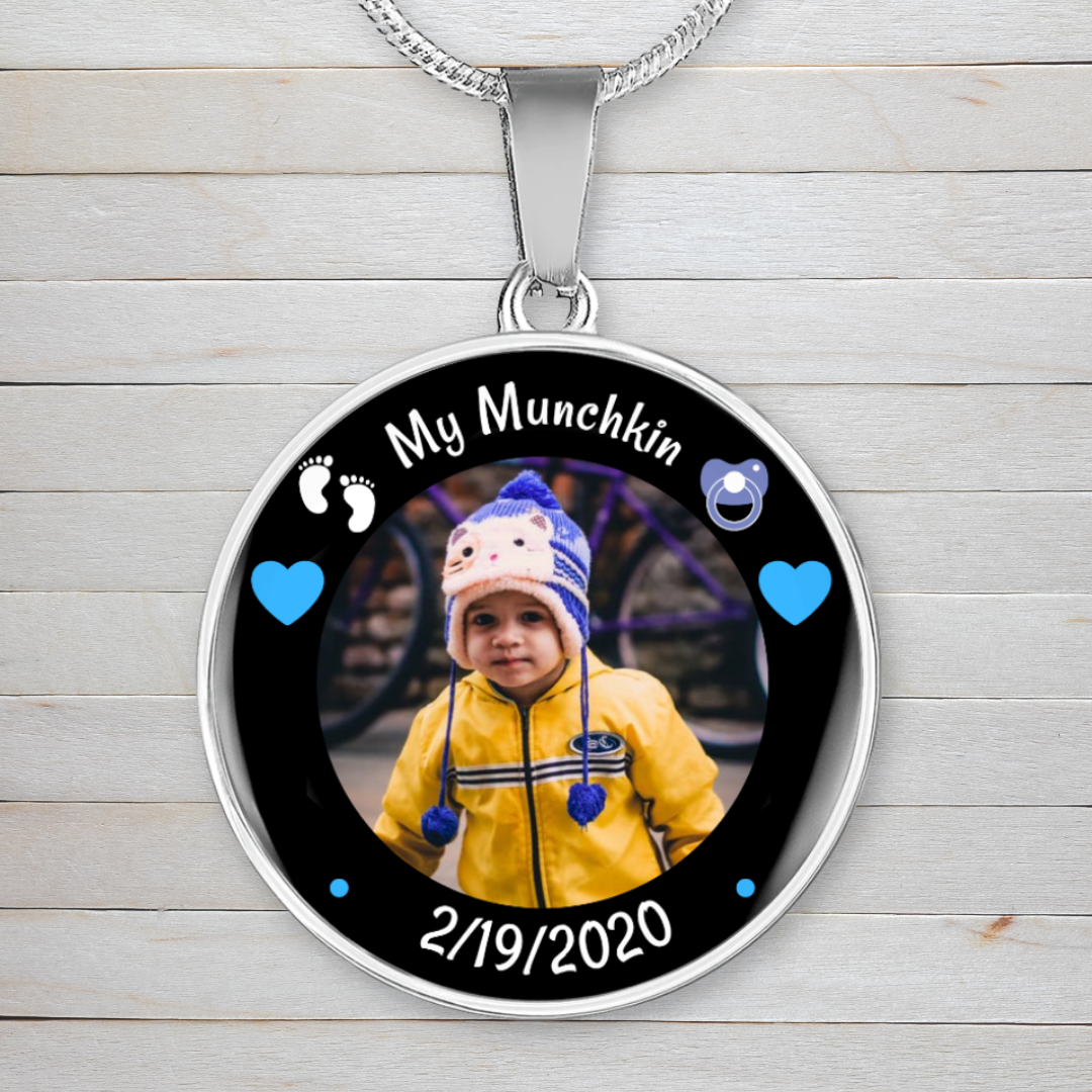 Newborn Baby Birth Stats Circle Photo Necklace - Boy