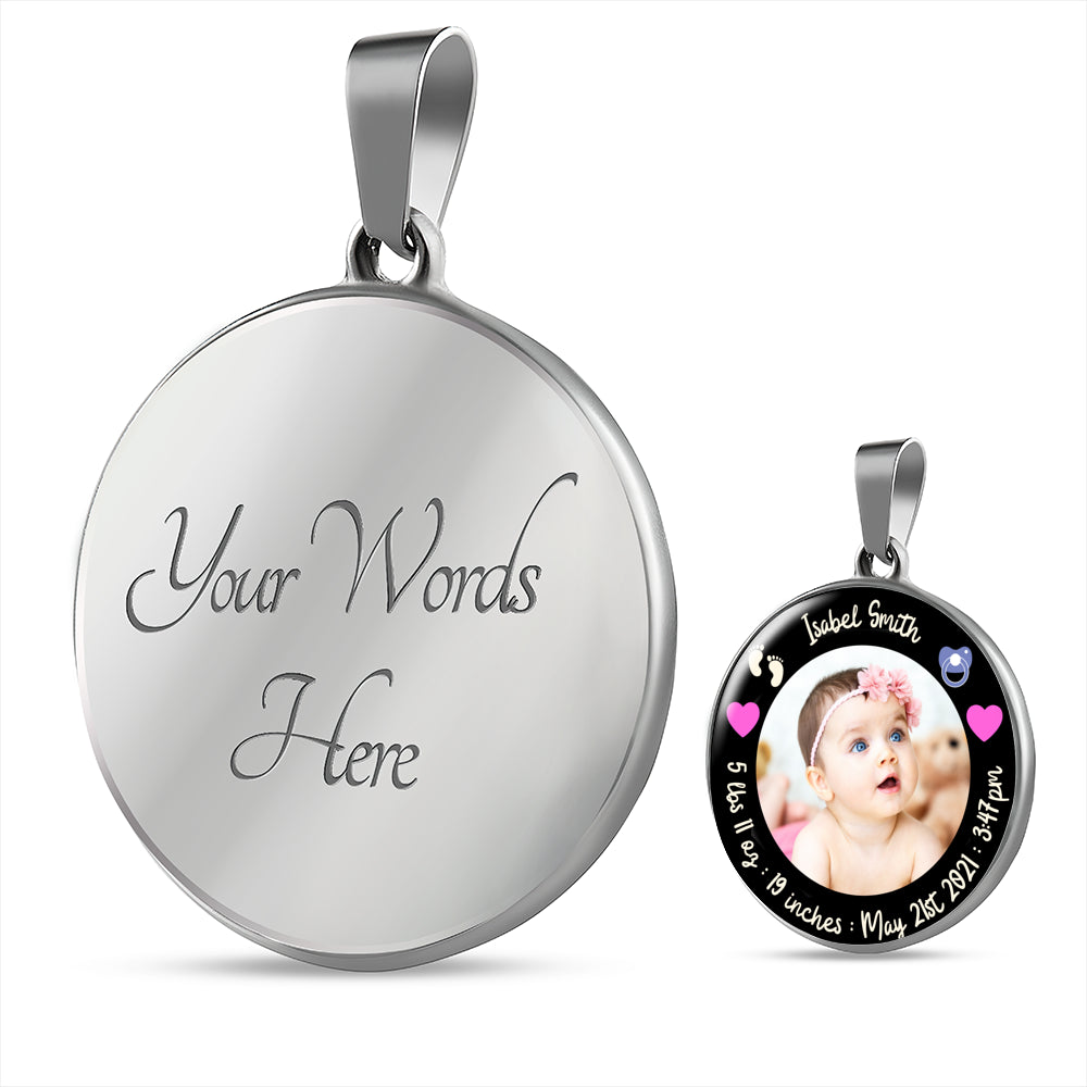Newborn Baby Stats Photo Circle Necklace