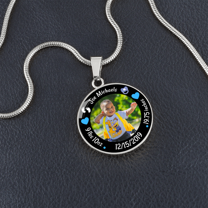 Newborn Baby Birth Stats Circle Photo Necklace - Boy
