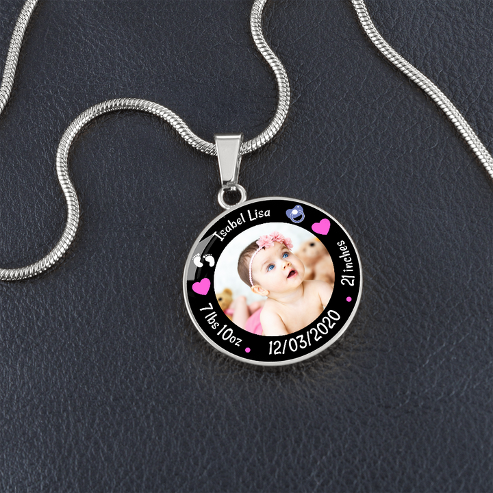 Newborn Baby Birth Stats Circle Photo Necklace - Girl