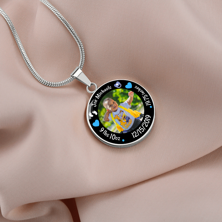 Newborn Baby Birth Stats Circle Photo Necklace - Boy