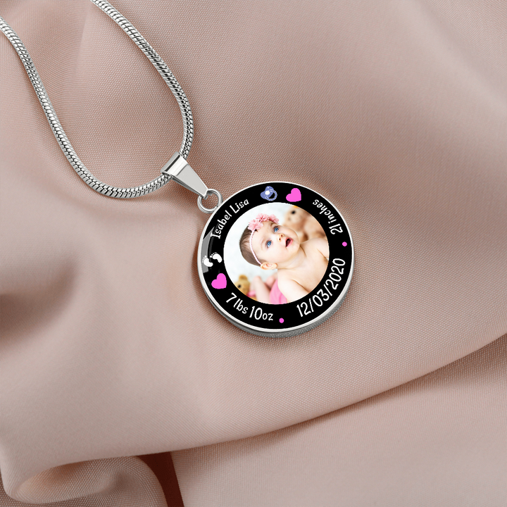 Newborn Baby Birth Stats Circle Photo Necklace - Girl