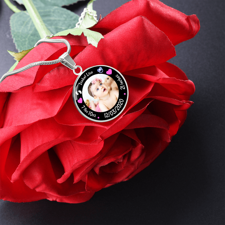 Newborn Baby Birth Stats Circle Photo Necklace - Girl