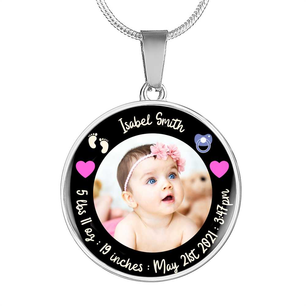 Newborn Baby Stats Photo Circle Necklace