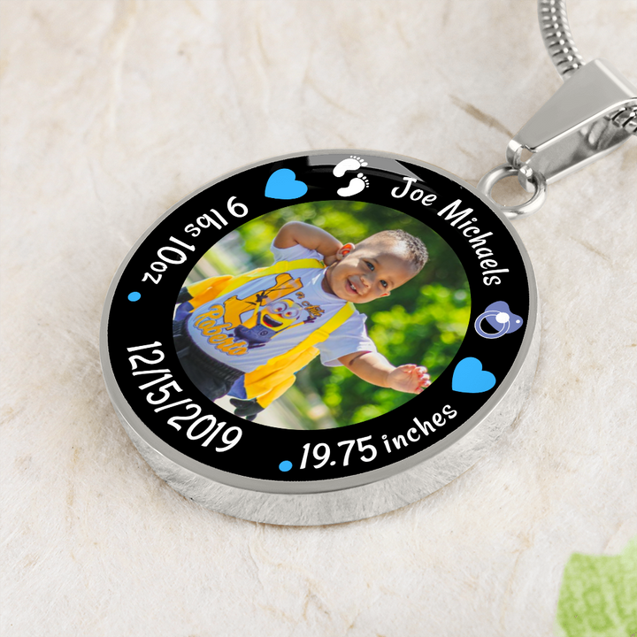 Newborn Baby Birth Stats Circle Photo Necklace - Boy