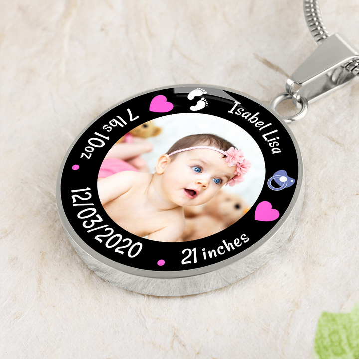 Newborn Baby Birth Stats Circle Photo Necklace - Girl