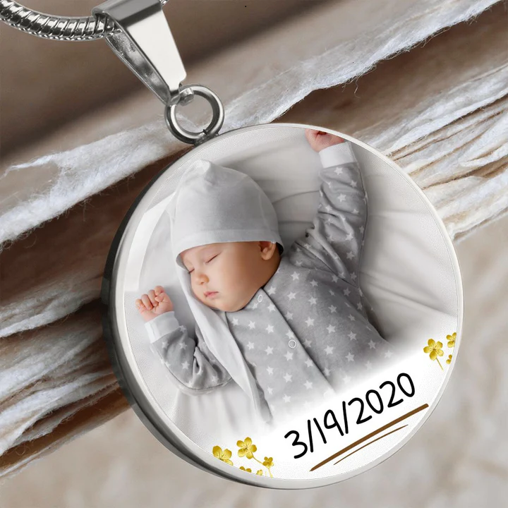 Baby Circle Photo Necklace with Custom Text