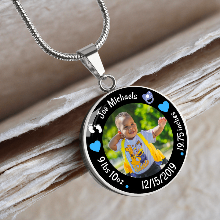 Newborn Baby Birth Stats Circle Photo Necklace - Boy