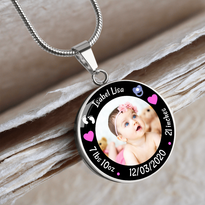 Newborn Baby Birth Stats Circle Photo Necklace - Girl