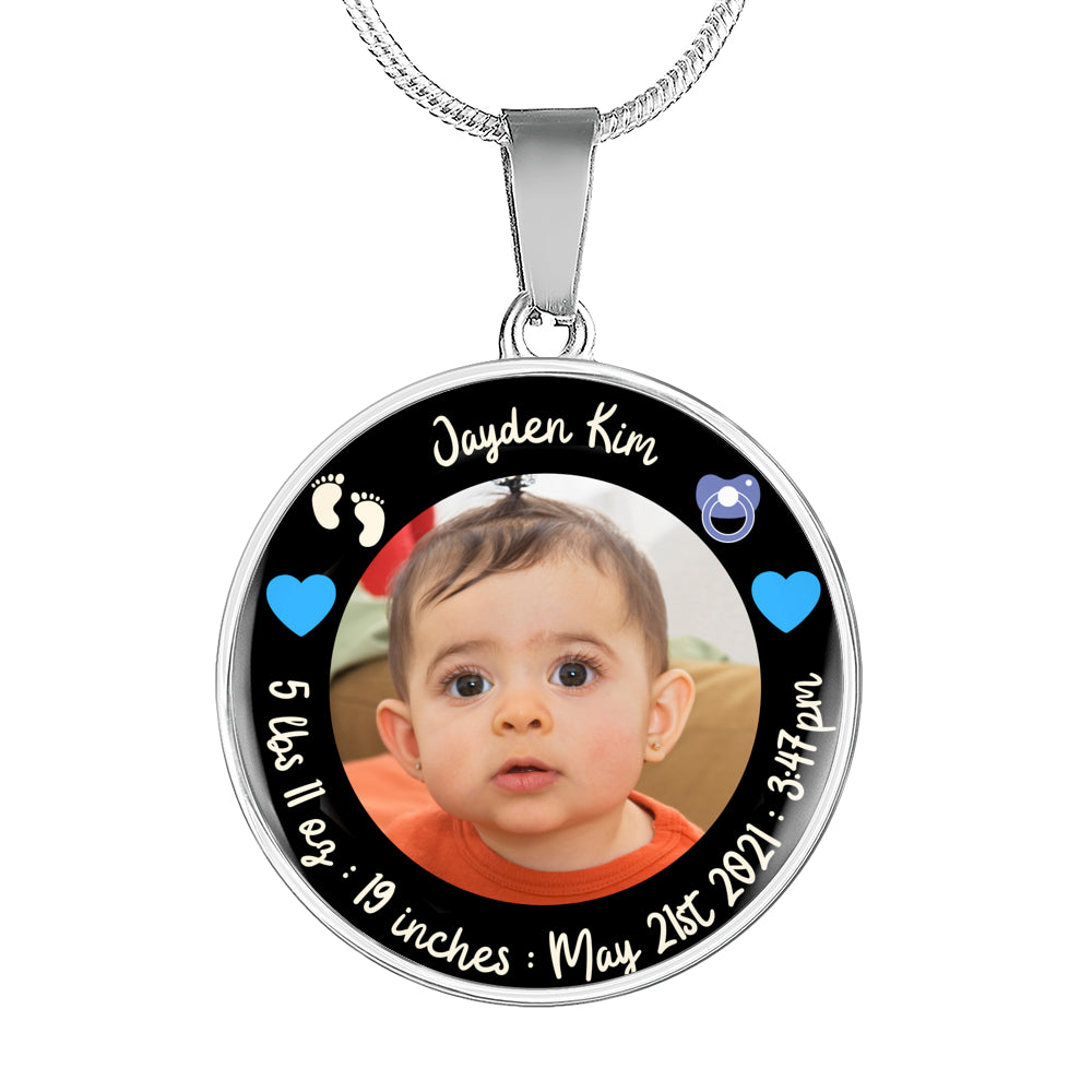 Newborn Baby Stats Photo Circle Necklace