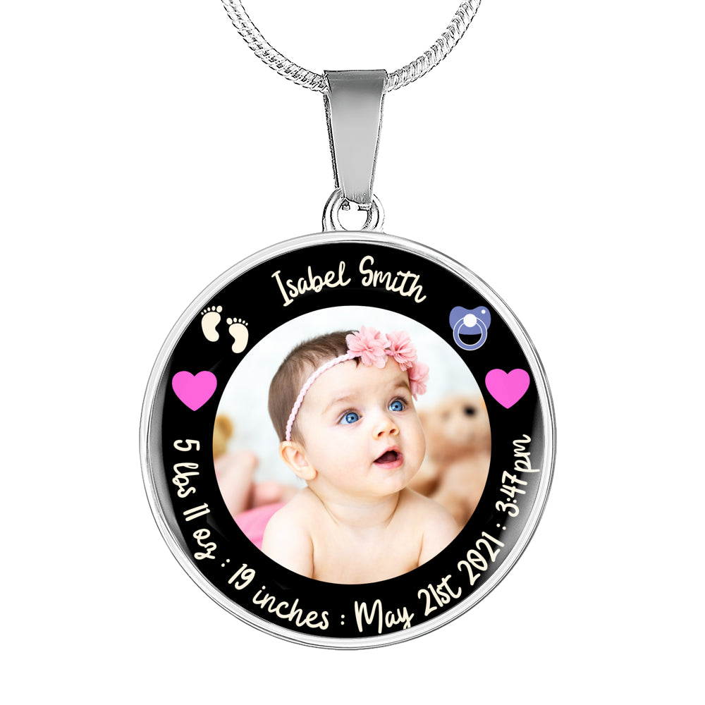 Newborn Baby Stats Photo Circle Necklace