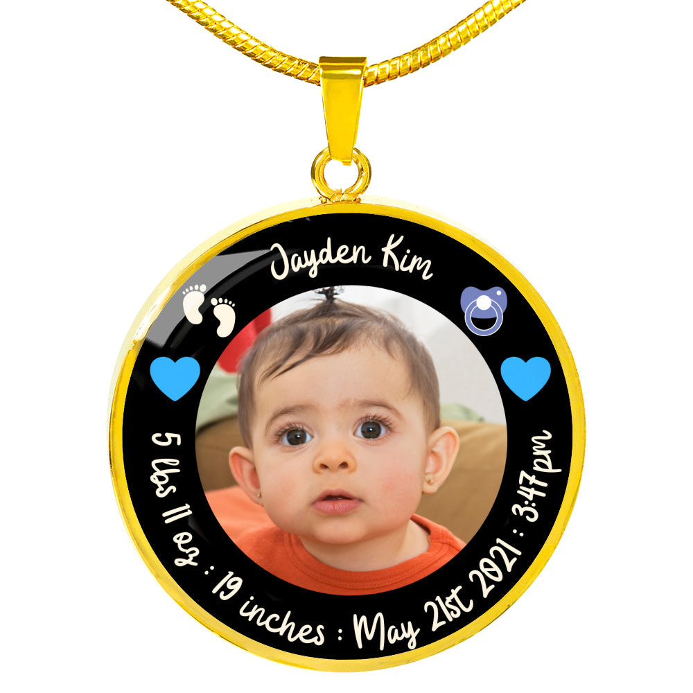 Newborn Baby Stats Photo Circle Necklace