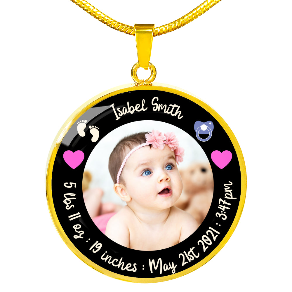 Newborn Baby Stats Photo Circle Necklace