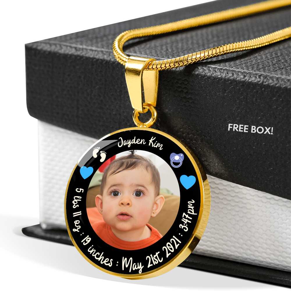 Newborn Baby Stats Photo Circle Necklace