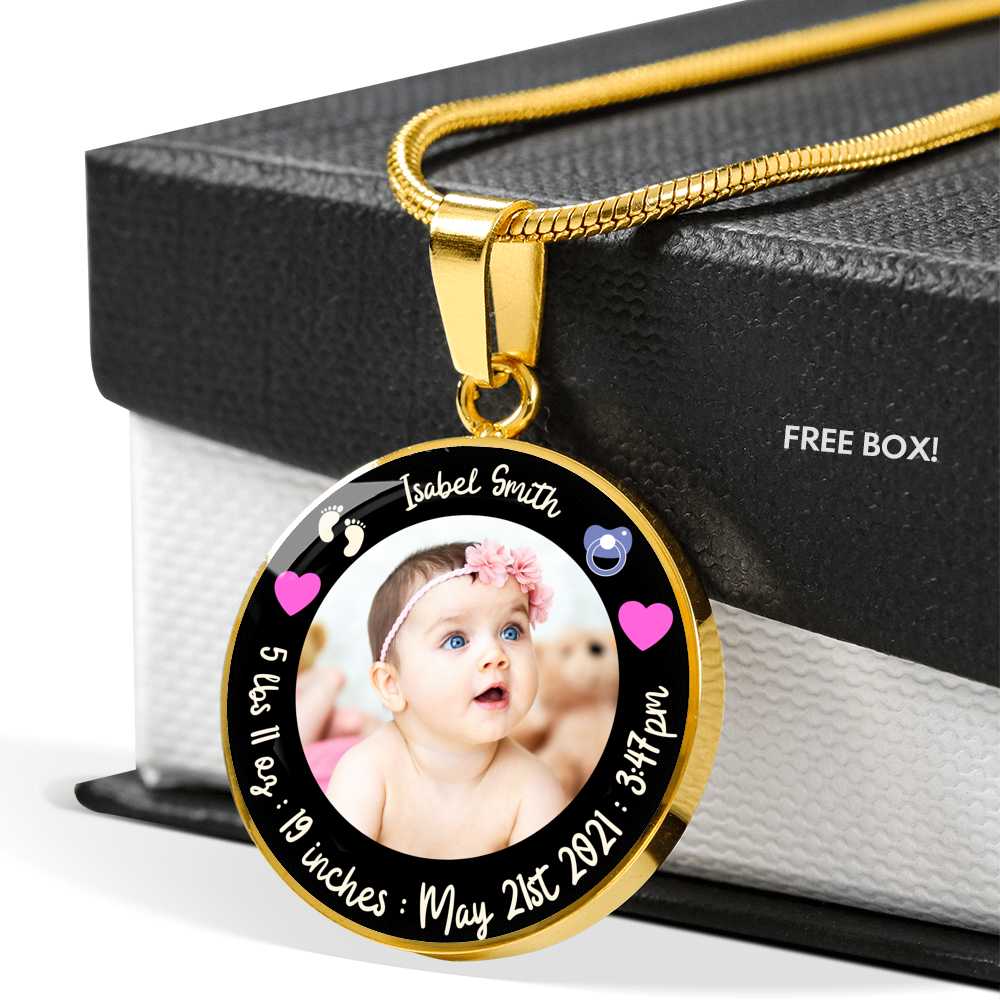 Newborn Baby Stats Photo Circle Necklace