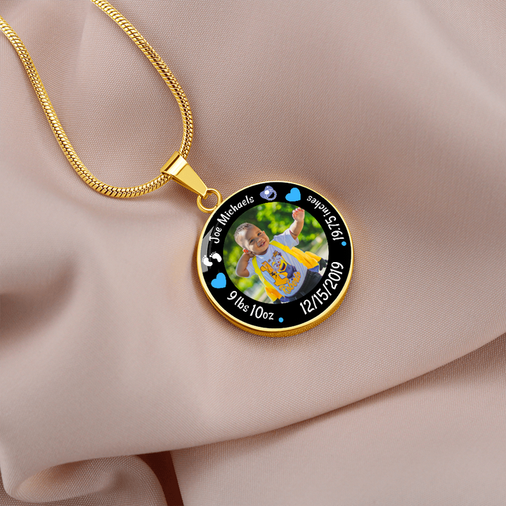 Newborn Baby Birth Stats Circle Photo Necklace - Boy
