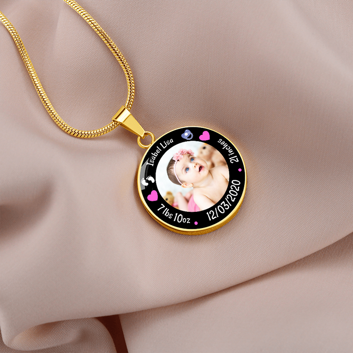 Newborn Baby Birth Stats Circle Photo Necklace - Girl