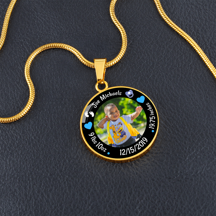 Newborn Baby Birth Stats Circle Photo Necklace - Boy