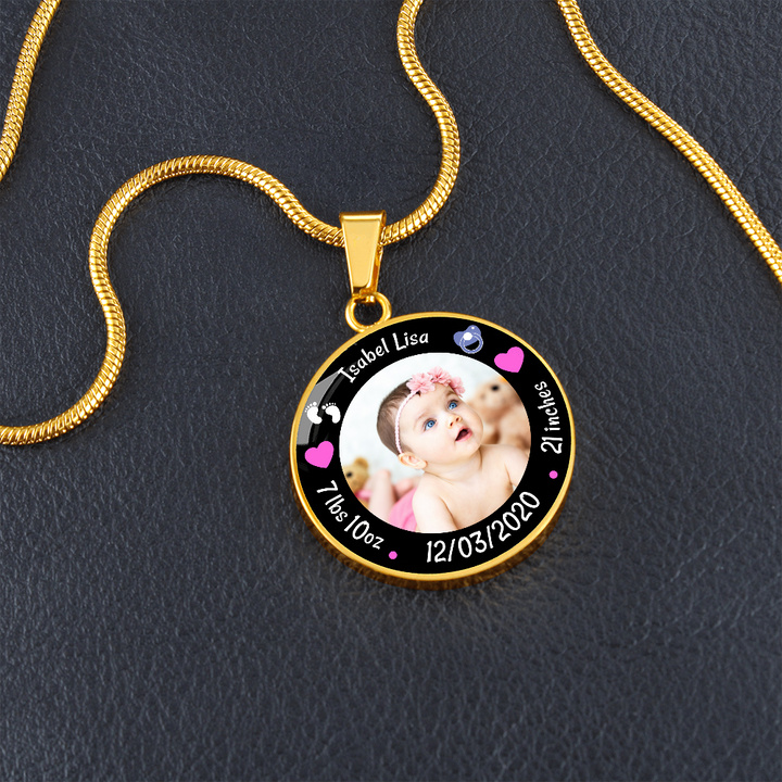 Newborn Baby Birth Stats Circle Photo Necklace - Girl