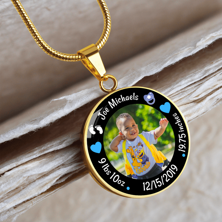 Newborn Baby Birth Stats Circle Photo Necklace - Boy