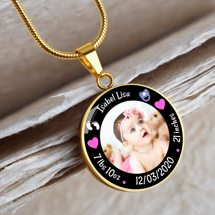Newborn Baby Birth Stats Circle Photo Necklace - Girl