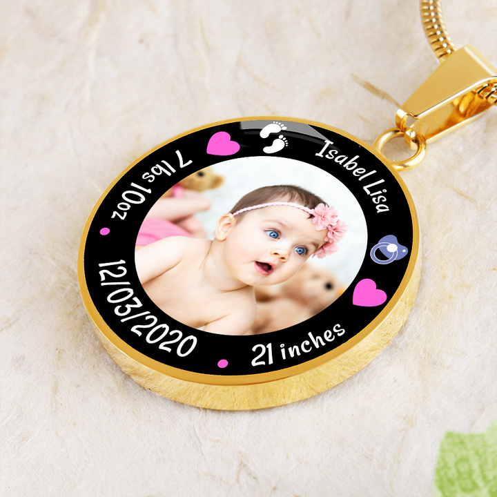 Newborn Baby Birth Stats Circle Photo Necklace - Girl
