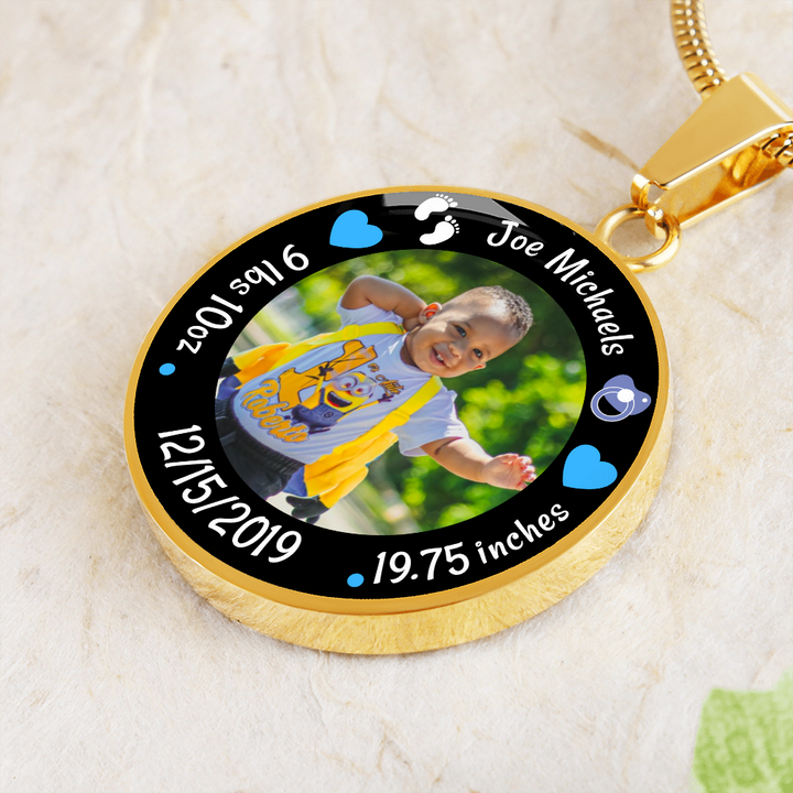 Newborn Baby Birth Stats Circle Photo Necklace - Boy