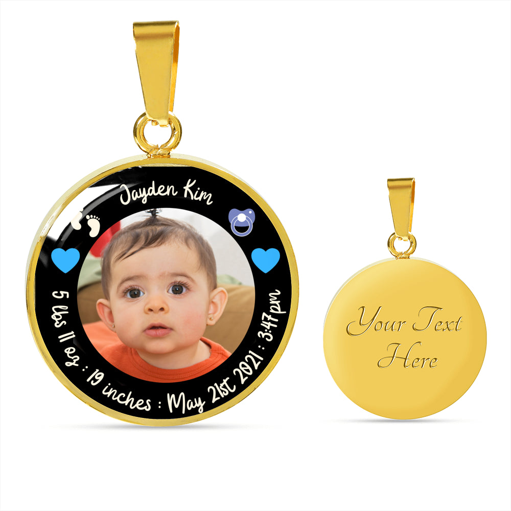Newborn Baby Stats Photo Circle Necklace