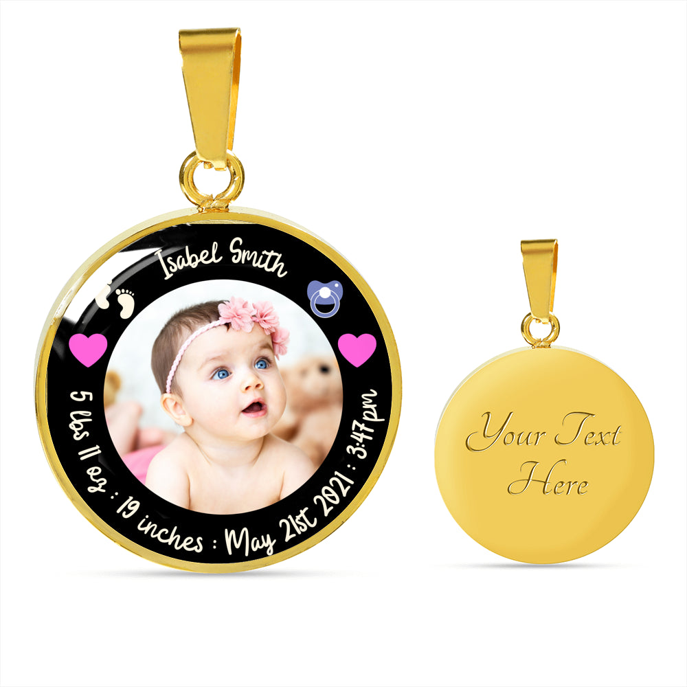 Newborn Baby Stats Photo Circle Necklace
