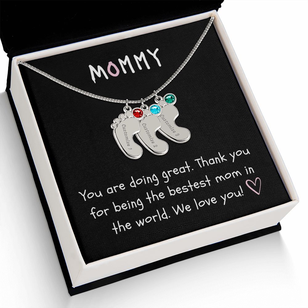 Mommy Custom Baby Feet Necklace with Birthstone