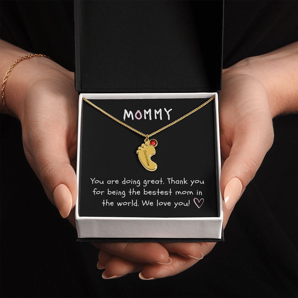 Mommy Custom Baby Feet Necklace with Birthstone