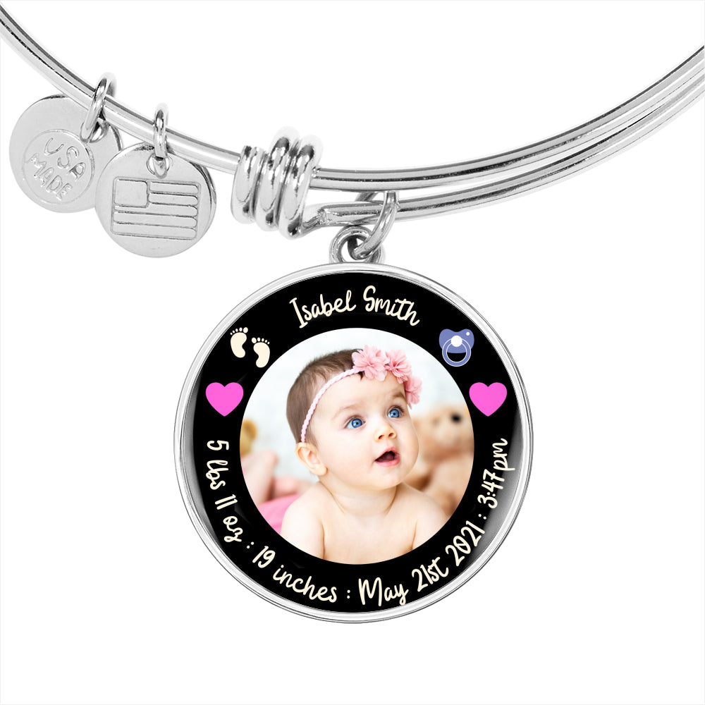 Newborn Baby Stats Photo Circle Bracelet
