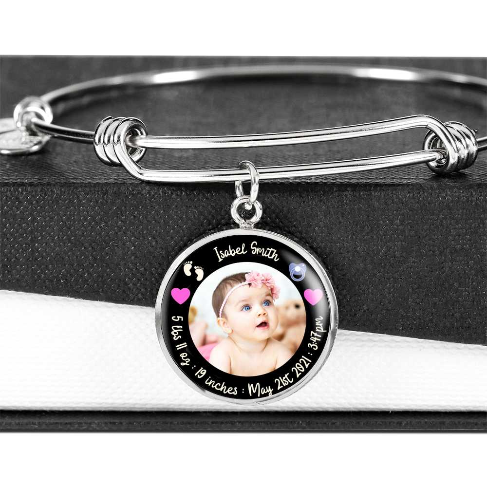 Newborn Baby Stats Photo Circle Bracelet