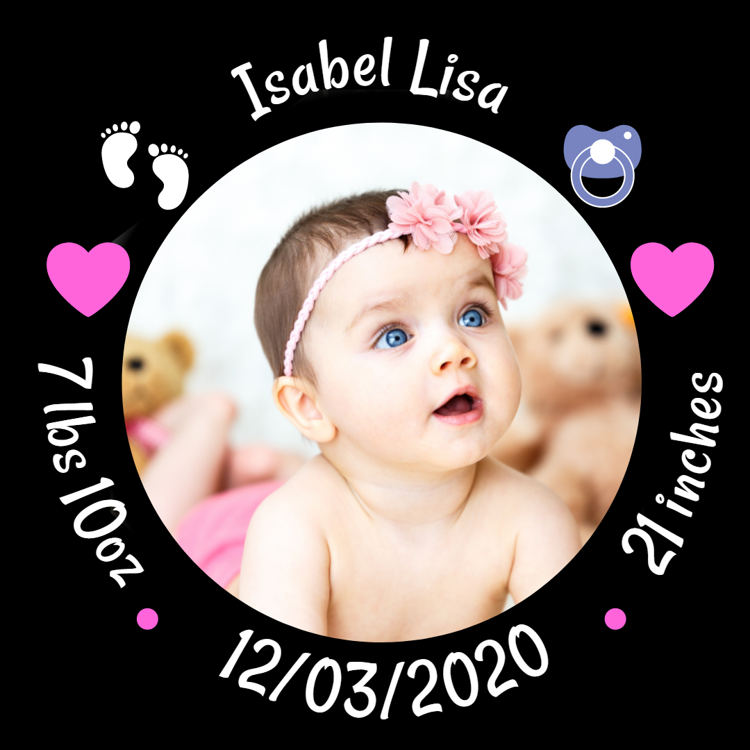 Newborn Baby Birth Stats Circle Photo Necklace - Girl
